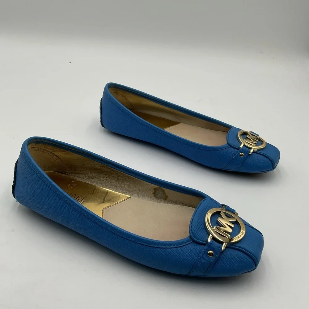 MICHAEL KORS  Saffiano Leather Flat Shoe Blue and Gold Size 8.5